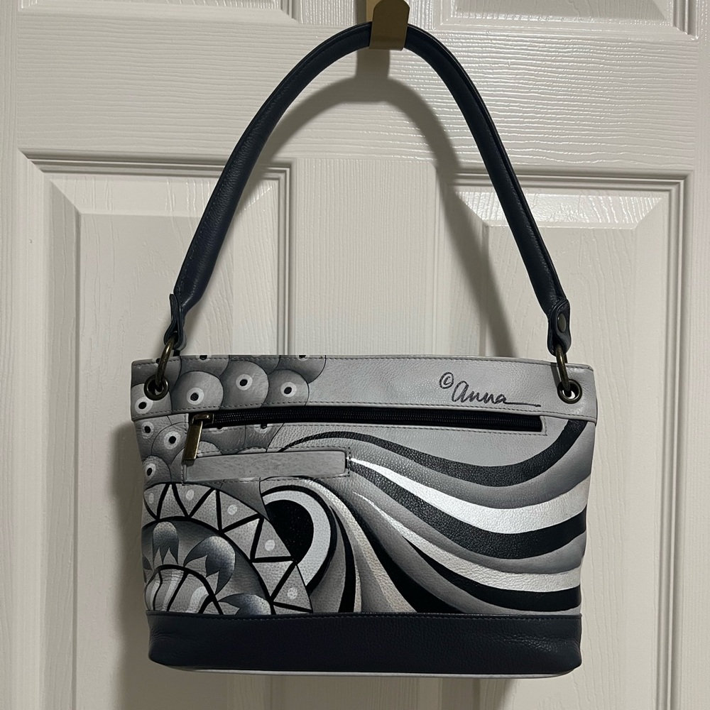 Anuschka Hand-Painted Leather Shoulder Bag in Patchwork Pewter.  NWOT
